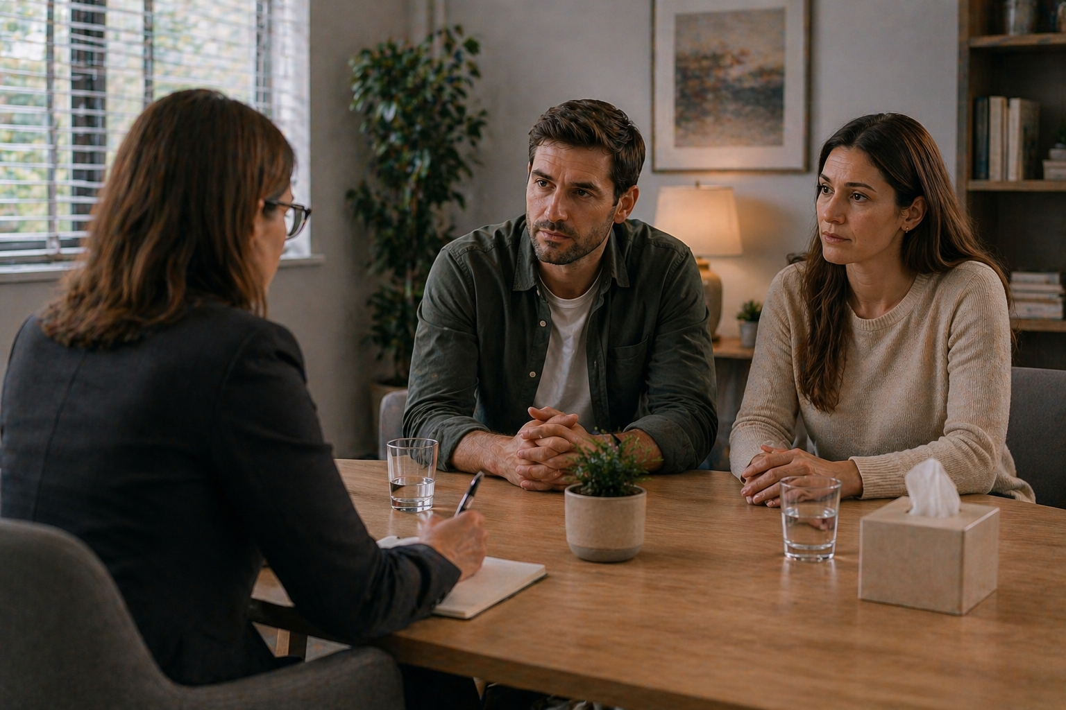 A family mediation session in progress, with a mediator sitting across from a couple and guiding them through a discussion in a calm and supportive way.